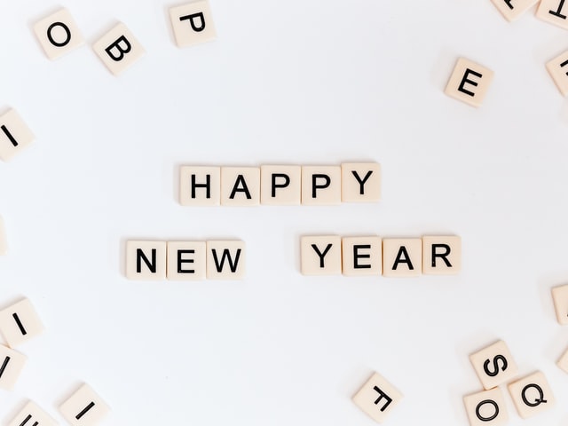 Happy new year in scrabble letters.